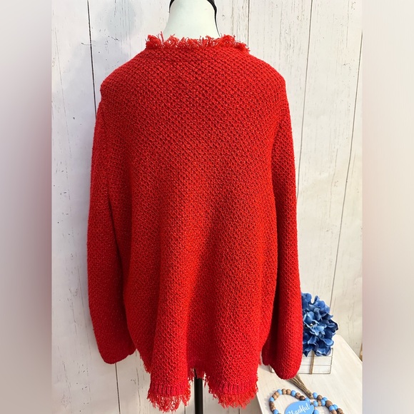 Chico’s Sparkle Fringe-Trim Red Cardigan/Boucle Sweater Size 3 - Picture 3 of 10